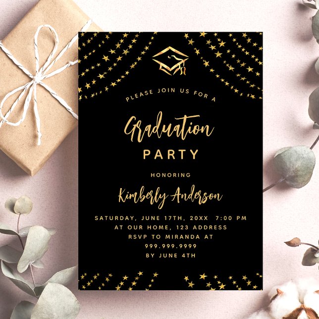 Black gold stars graduation party modern invitation (Creator Uploaded)