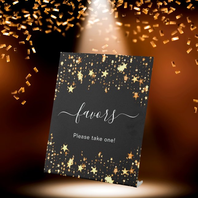 Black gold stars guest party favors pedestal sign (Creator Uploaded)