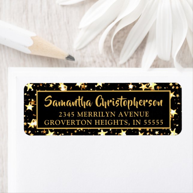 Black Gold Stars Handwritten Brush Script Label (Insitu)
