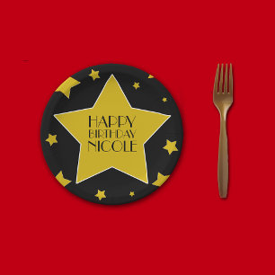 Black Gold Stars Hollywood Birthday Name Paper Plates