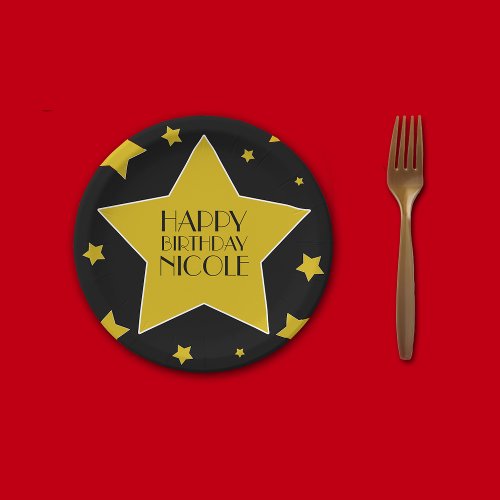 Black  Gold Stars Hollywood Birthday Name Paper Plates