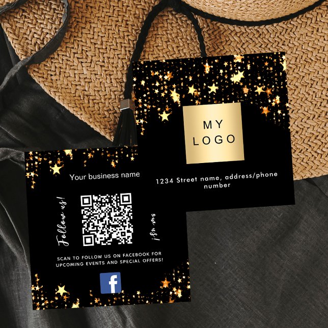 Black gold stars logo QR code Facebook follow us Square Business Card (Creator Uploaded)
