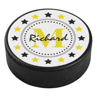 Black Gold Stars Monogram Hockey Puck