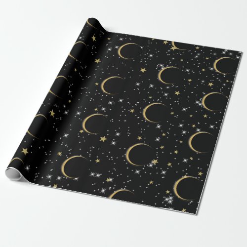 Black Gold Stars Moon Magic Birthday Party Wrapping Paper