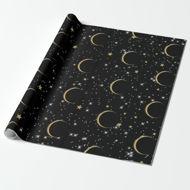 Black Gold Stars Moon Magic Birthday Party Wrapping Paper (Unrolled)