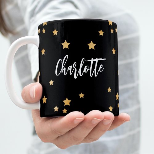 Black gold stars name elegant coffee mug