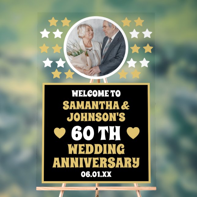 Black Gold Stars Photo 60th wedding anniversary Acrylic Sign (Neutral)