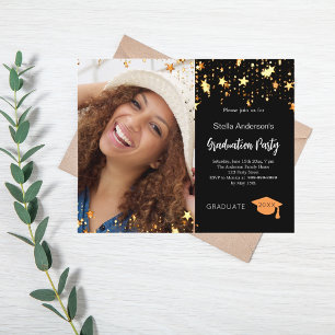 Black gold stars photo graduation party invitation