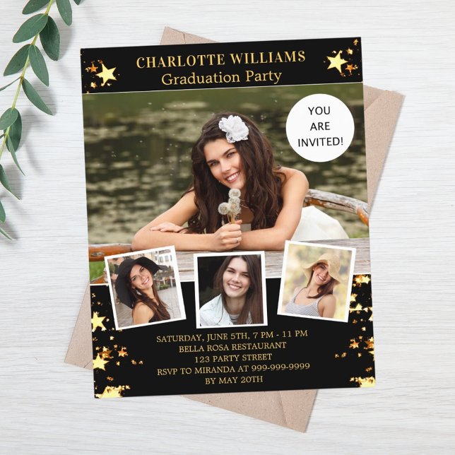 Black gold stars photo graduation party invitation (Creator Uploaded)
