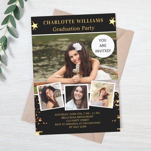 Black gold stars photo graduation party invitation