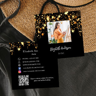 Black gold stars QR code social media photo Square Business Card