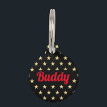 Black Gold Stars Red Dog Puppy Cat Kitty Name Cool Pet ID Tag<br><div class="desc">Create your own custom, personalized, bold christmas red rustic vintage western script / typography custom name at front and back, and retro cool chic stylish geometric trendy faux gold and black stars pattern background, durable, 100% recycled steel, pet dog cat doggy puppy kitten kitty ID name tag. Simply enter your...</div>