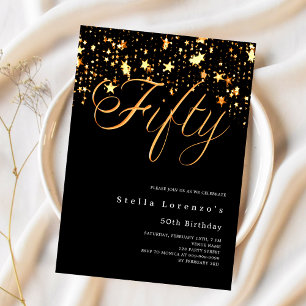 Black gold stars script 50th birthday luxury invitation