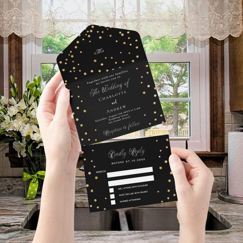 Black gold stars script wedding all in one invitation
