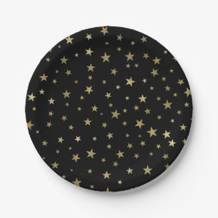 Black & Gold Stars Starry Night Celestial Party Paper Plates