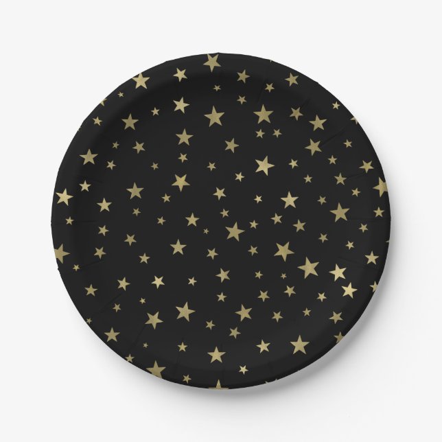 Black & Gold Stars Starry Night Celestial Party Paper Plates (Front)