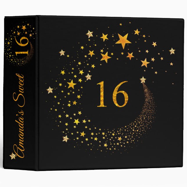 Black Gold Stars Sweet Sixteen Photo Album 3 Ring Binder (Front/Spine)