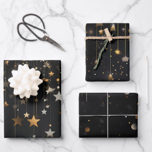 Black Gold Stars Wrapping Paper Sheets