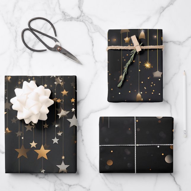 Black Gold Stars Wrapping Paper Sheets (Front)