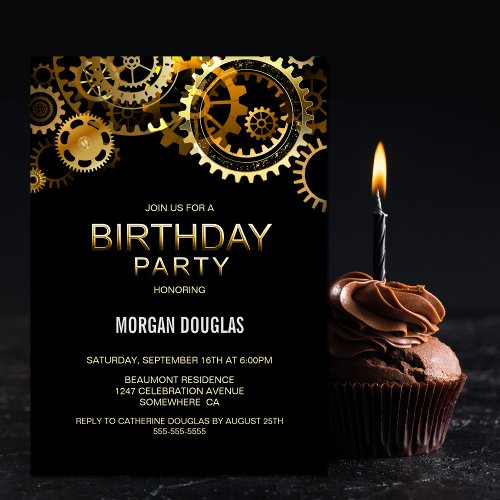 Black Gold Steampunk Watch Gears Birthday Invitation