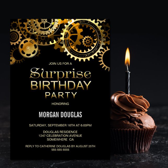 Black Gold Steampunk Watch Gears Surprise Birthday Invitation (Creator Uploaded)
