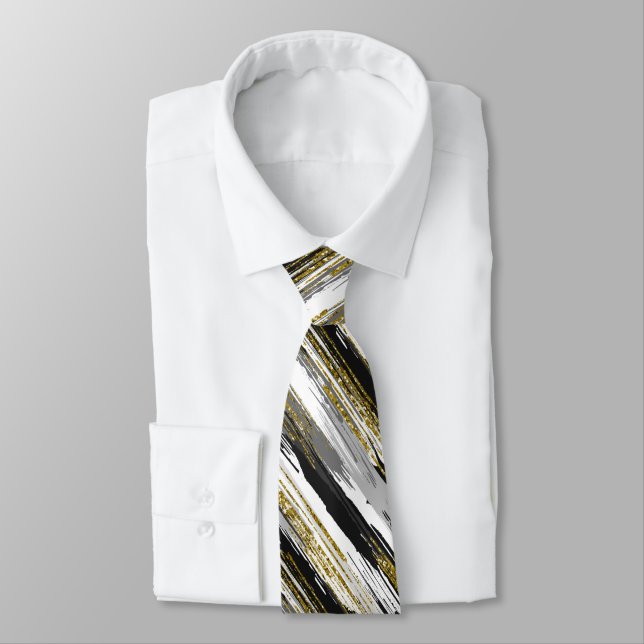 Black Gold Streak Modern Abstract Neck Tie (Tied)