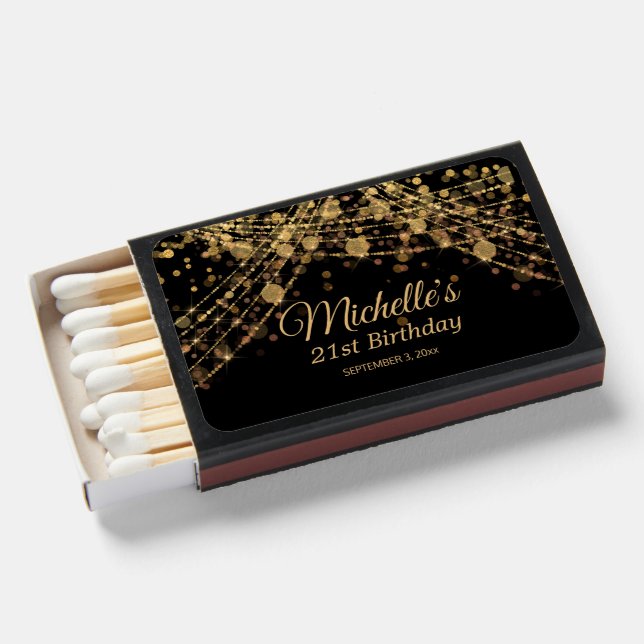 Black Gold String Lights 21st Birthday Custom Matchboxes (Front Open)