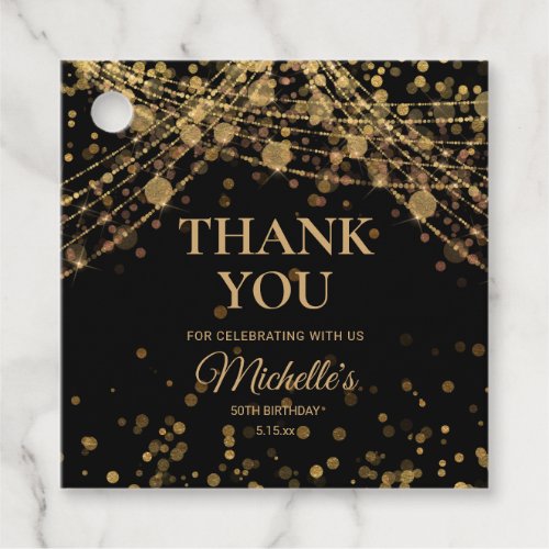 Black Gold String Lights Adult Birthday Thank You  Favor Tags