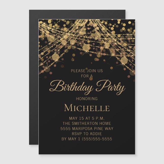 Black Gold String Lights Any Age Women's Birthday Magnetic Invitation (Front/Back)