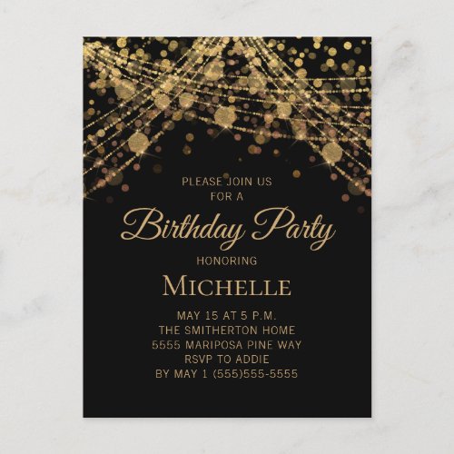 Black Gold String Lights Any Age Womens Birthday Postcard