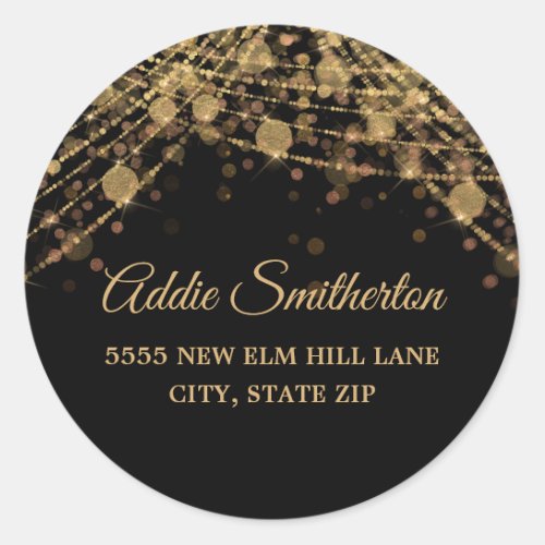 Black Gold String Lights Bokeh Return Address  Classic Round Sticker