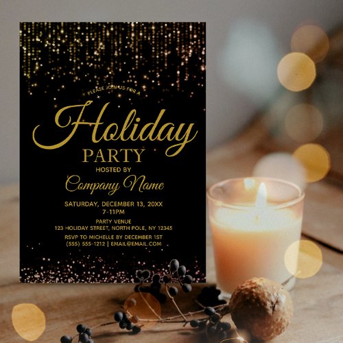Black Gold String Lights Corporate Holiday Party Invitation