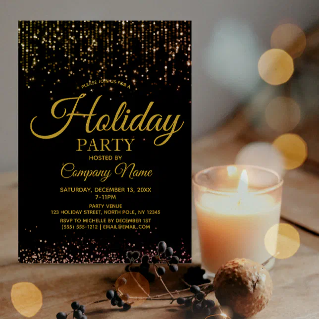 Black Gold String Lights Corporate Holiday Party Invitation | Zazzle