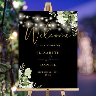Black Gold String Lights Floral Wedding Welcome  Foam Board
