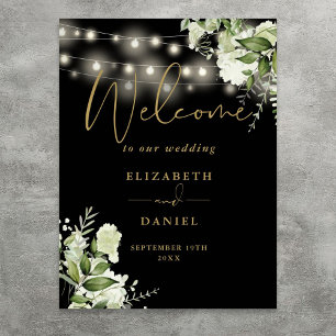 Black Gold String Lights Floral Wedding Welcome Poster