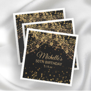 Black Gold String Lights Glitter Adult Birthday Napkins