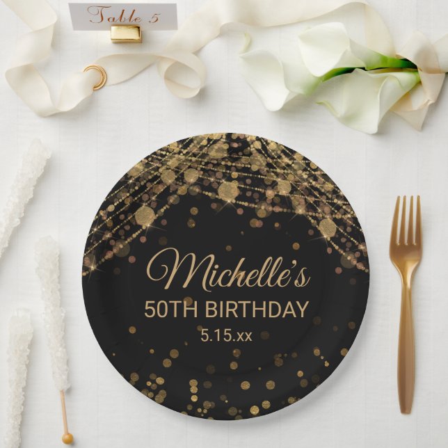 Black Gold String Lights Glitter Adult Birthday  Paper Plates (Wedding)