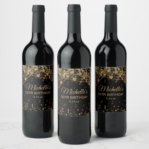 Black Gold String Lights Glitter Adult Birthday  Wine Label