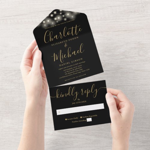 Black Gold String Lights Modern Script Wedding All In One Invitation