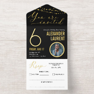 Black Gold String Lights Photo Milestone Birthday All In One Invitation