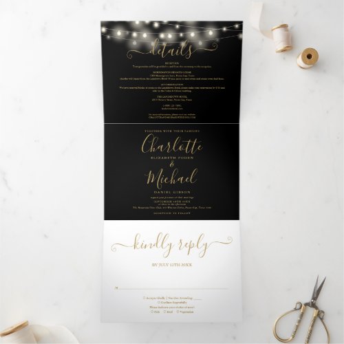 Black Gold String Lights Script Monogram Wedding Tri_Fold Invitation