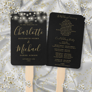 Black Gold String Lights Script Wedding Program Hand Fan