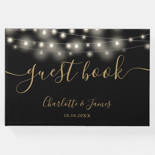 Black Gold String Lights Signature Script Wedding Guest Book