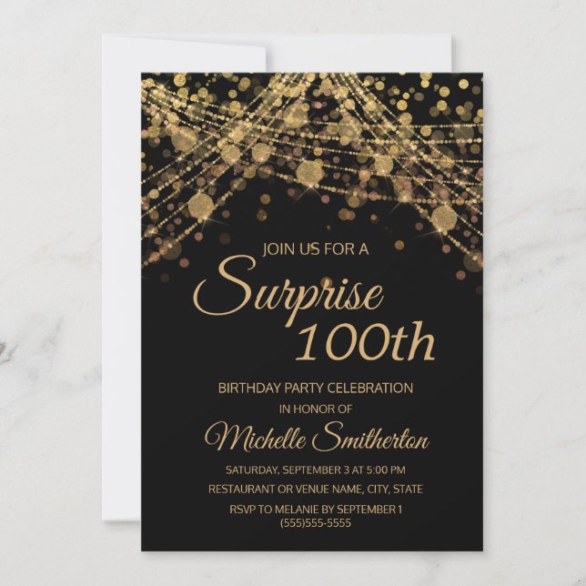 Black Gold String Lights Surprise 100th Birthday Invitation (Front)