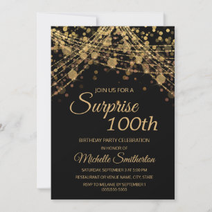 Black Gold String Lights Surprise 100th Birthday Invitation