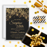 Black Gold String Lights Surprise 18th Birthday Invitation<br><div class="desc">18th birthday party invitation for women with glittering gold string lights and sparkling bokeh on a bold black background. Because text is customizable, this invitation is designed for a lady who is celebrating any birthday. (18th, 21, st, 30th, 40th, 50th, 60th, 70th, 80th, 90th, 100th... .or any age). Text, fonts...</div>