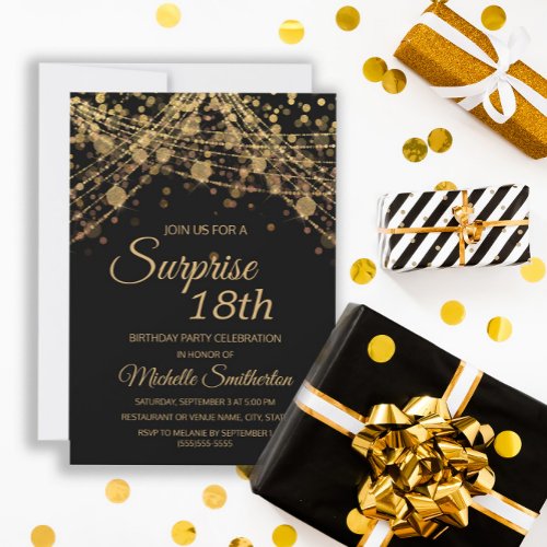 Black Gold String Lights Surprise 18th Birthday Invitation