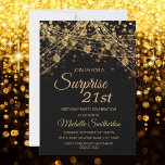 Black Gold String Lights Surprise 21st Birthday Invitation<br><div class="desc">21st birthday party invitation for women with glittering gold string lights and sparkling bokeh on a bold black background. Because text is customizable, this invitation is designed for a lady who is celebrating any birthday. (18th, 21, st, 30th, 40th, 50th, 60th, 70th, 80th, 90th, 100th... .or any age). Text, fonts...</div>