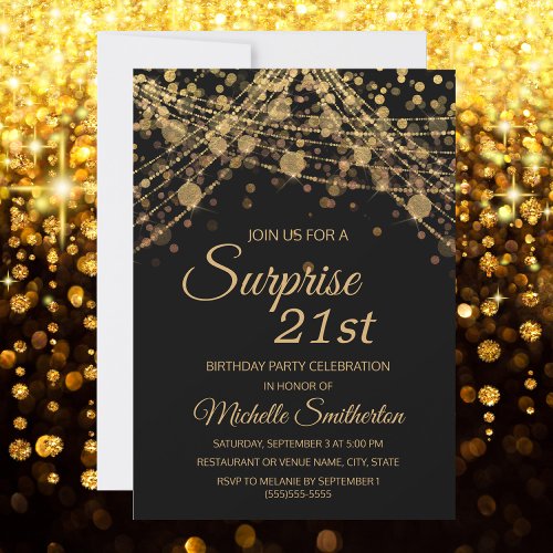 Black Gold String Lights Surprise 21st Birthday Invitation