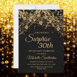Black Gold String Lights Surprise 30th Birthday Invitation<br><div class="desc">30th birthday party invitation for women with glittering gold string lights and sparkling bokeh on a bold black background. Because text is customizable, this invitation is designed for a lady who is celebrating any birthday. (18th, 21, st, 30th, 40th, 50th, 60th, 70th, 80th, 90th, 100th... .or any age). Text, fonts...</div>